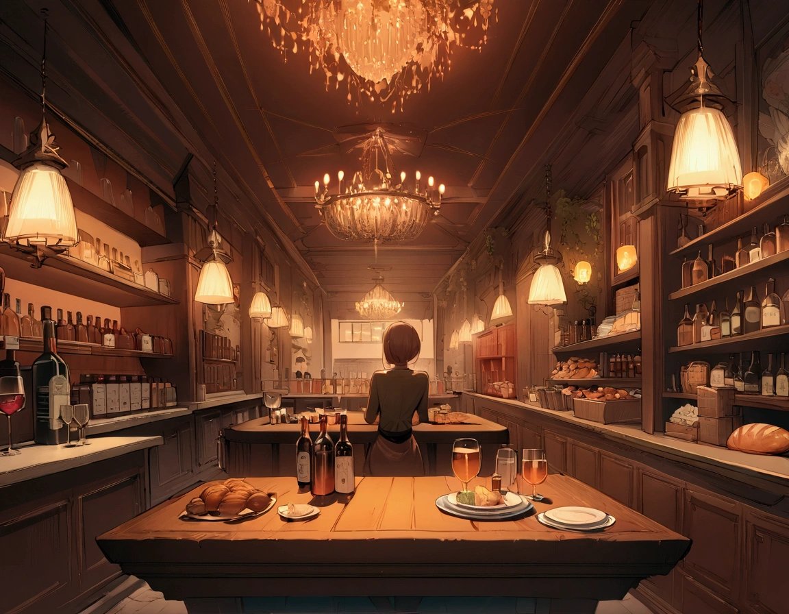 ((((masterpiece, Highest quality, High resolution)))),High detail, manga,anime,Illustration Style,Dark and calm colors,Ghibli Studio,Luxurious evening atmosphere, Game fantasy world view,Bakery in the RPG world, Extremely detailed 8K, High detail, pub,Table at the liquor store,There is no one,background,トlampのカードが置かれたテーブル,lamp,Wine and beer,A stylish world,The enchanting world of night,,,,