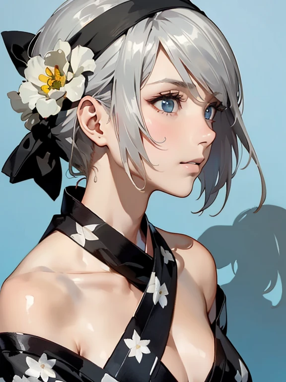 {(anime screencap:1),(japanese anime style:1.2),(watercolor image:1.2),sketch,overall light color},{(simple configuration:1.1),profile},{(simple light_blue background:1.4),(floral:1.2),(shadow on background:1.4)},BREAK,{(fower pattern on black yukata:1.4),(open clothes:1.2)},(Show shoulders:1.4),BREAK,{(sweat on the neck:1.2),(erotic face,anguish,(painful:1.1),(very very ecstasy:1.2),(writhing:1.4),embarrassing):1.2},{(solo, YoRHa type of Nier Automa):1.2, (white_silver colored hair:1.4), short cut hair, (blue glowing eyes:1,4),(black bandana:1.5)},{(masterpiece,best quality, 8K UHD, extremely detailed CG, detailed beautiful face and eyes and skin and hair)