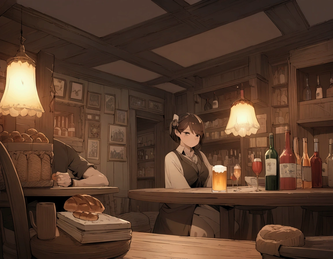 ((((masterpiece, Highest quality, High resolution)))),High detail, manga，anime，Illustration Style，Dark and calm colors，Ghibli Studio，Luxurious evening atmosphere, Game fantasy world view,Bakery in the RPG world, Extremely detailed 8K, High detail, pub,Table at the liquor store,There is no one,background,トlampのカードが置かれたテーブル,lamp,Wine and beer,A stylish world,The enchanting world of night,lampは少なく辺りは暗い,,,