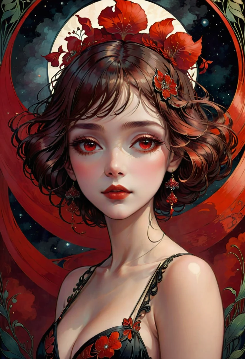 (masterpiece, best quality:1.2), 1 girl, alone,beautiful face,Red Reminimalist Art Nouveau,illustration style,black and red