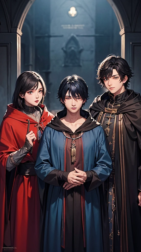 Three 18 years old: A wizard boy in a black cloak stucks between two boys (half _werewolf boy in a blue cloak and a vampire boy in a red cloak)both of them have bigger bodies than the boy wizard.
