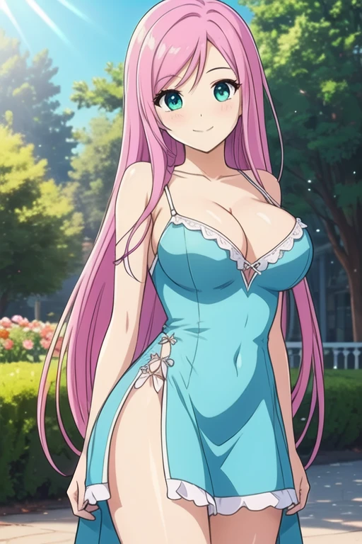 1 girl, 19 years old, Long pink hair, green eyes with slit pupils, master-piece, best quality, (standing up), (short dress), (flower prinit, spaghetti strap, short blue summer light blue dress), (Big , ultra gigantic , Super super big, Glamorous body), Make eye contact with the camera, front figure, looking forward, (light_Smile:1.5), (Detailed hands and fingers:1.2) (In the sunny park), (FULL BODYSHOT), thighs thighs thighs thighs、beauty legs、Bare legs
