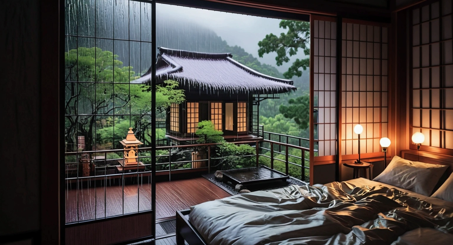 a bed sitting in a bedroom next to a window, a detailed matte painting, unsplash contest winner, ukiyo-e, rainy outside, stream flowing through the house, countryside in japan