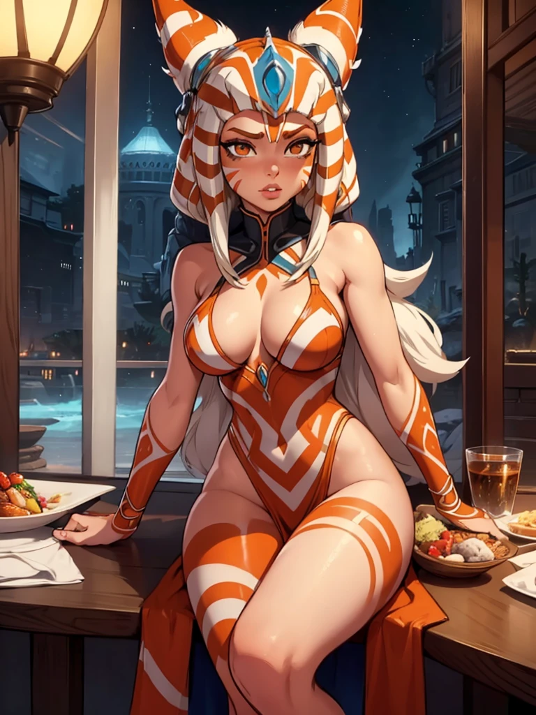 A (close up) portrait of (Ahsoka), (Ahsoka Tano), (two head tails), orange skin, white markings, (highly detailed background, a fancy restaurant, on a date:1.2), deep , busty, srealistnatomy, well drawn, 8k, (best quality), (masterpiece:1.2), highly detailed face, full lips, flirty eye contact, detailed eyes, sensual, (seductive), (ultra realistic:1.2), (babe), hot