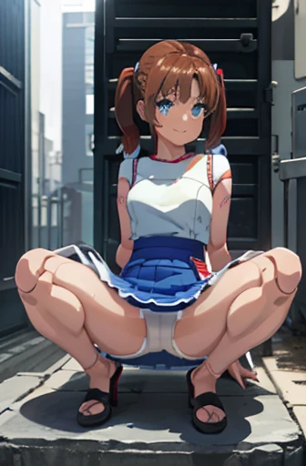 android, beautiful robot, short pigtails, brown hair, Hair tie with two big red clothespins, big smile, brown hair, middle age, joint seam, blue eyes, full body figure, Height: 160cm, Light beige micro mini one-piece dress, fluttering skirt, skirt folds, white retro swimwear, Uplifting, 2020s anime style, 21thcentury japan animation, show White pantie, strong wind is blowing.