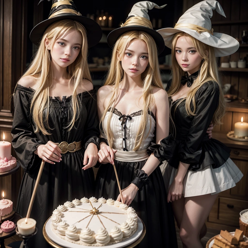 create 2 blonde confectioners using witches' hats, both holding wands crossing each other and both holding a cake beater in the other hand. 2d style
