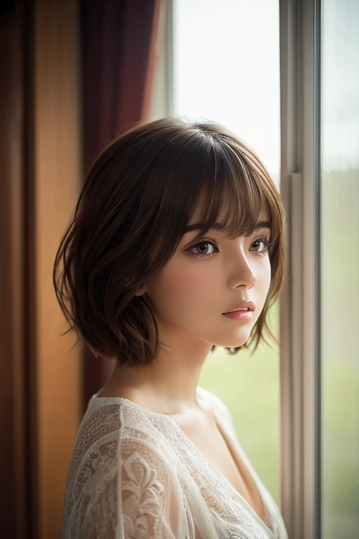 1girl, solo, looking_at_viewer, short_hair, bangs, brown_hair, photoshop_(medium), original, brown_eyes, closed_mouth, parted_lips, indoors, blurry, lips, window, eyelashes, curtains, portrait, realistic, nose, photo-referenced