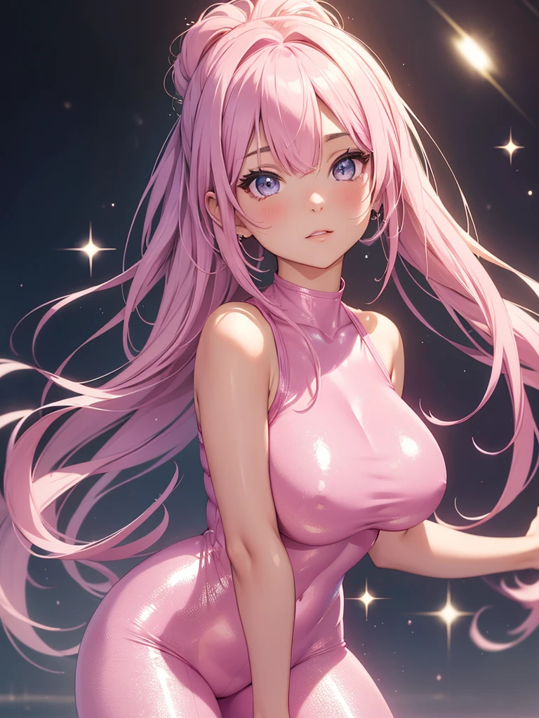 A beautiful girl wearing a beautiful sparkling pastel pink tight bodysuit
