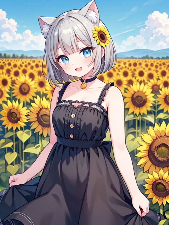 (Sunflower field), (One girl), cute, Summer Dresses, (happiness:1.3), Open your mouth, (Cat ear), (choker), ((Gray Hair)), Bobcut, (Arms at your sides), Blue Eyes, summer, sun, noon, Outdoor, (Cowboy Shot), ((Highest quality)), ((masterpiece)), (detailed), Perfect Face, Perfect Arms, Perfect hands, Perfect Fingers, anime, Ultra-fine illustration,