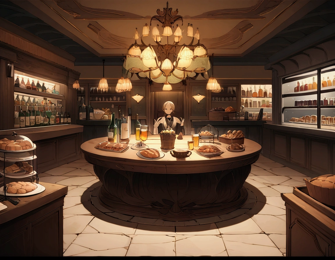 ((((masterpiece, Highest quality, High resolution)))),High detail, manga,anime,Illustration Style,Dark and calm colors,Ghibli Studio,Luxurious evening atmosphere, Game fantasy world view,Bakery in the RPG world, Extremely detailed 8K, High detail, pub,Table at the liquor store,There are no people around,background,トlampのカードが置かれたテーブル,lamp,Wine and beer,A stylish world,The enchanting world of night,lampは少なく辺りは暗い,In the center of the screen is a large table,,