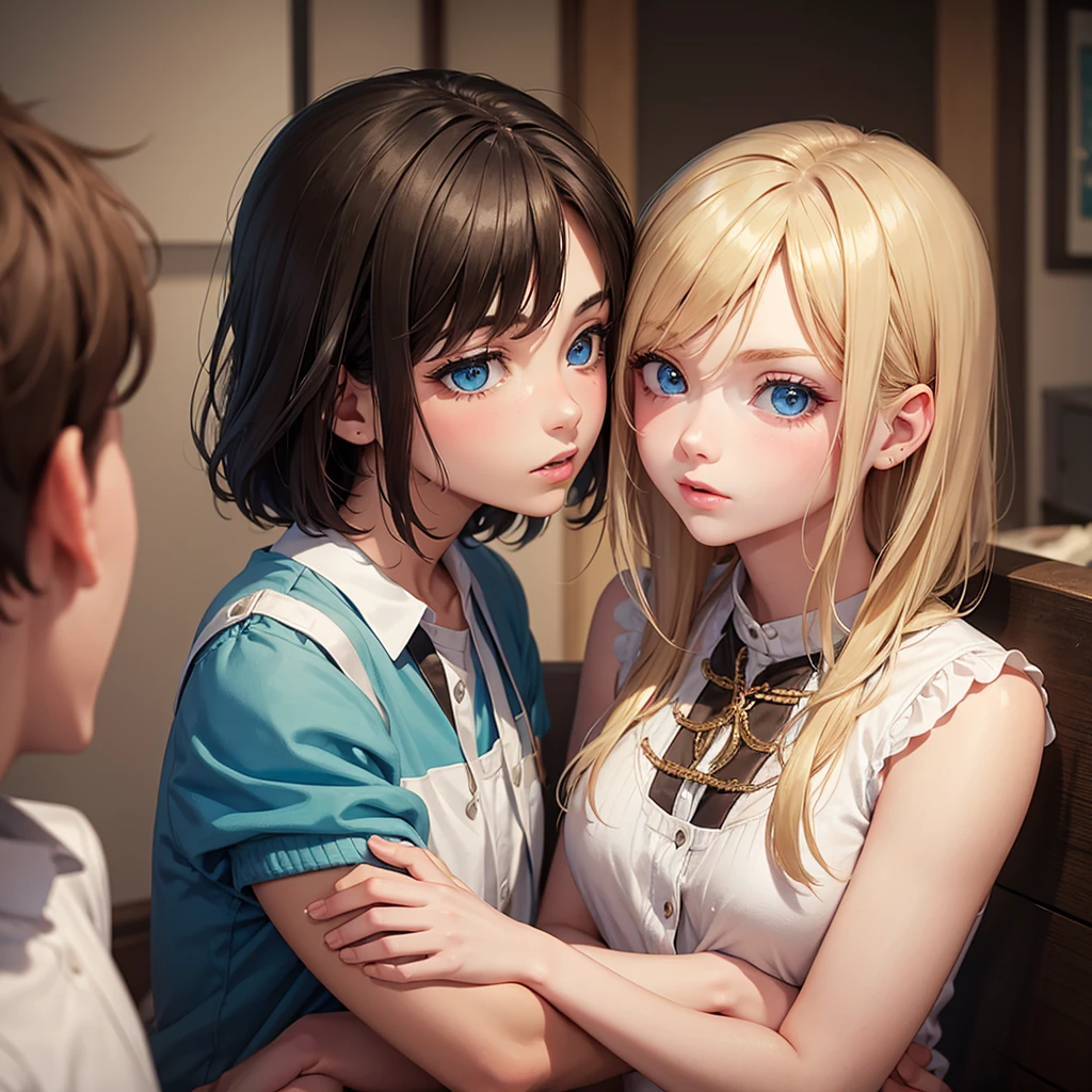 Boy and girl. Blonde girl with green eyes, and the guy is brunette, blue eyes, kiss