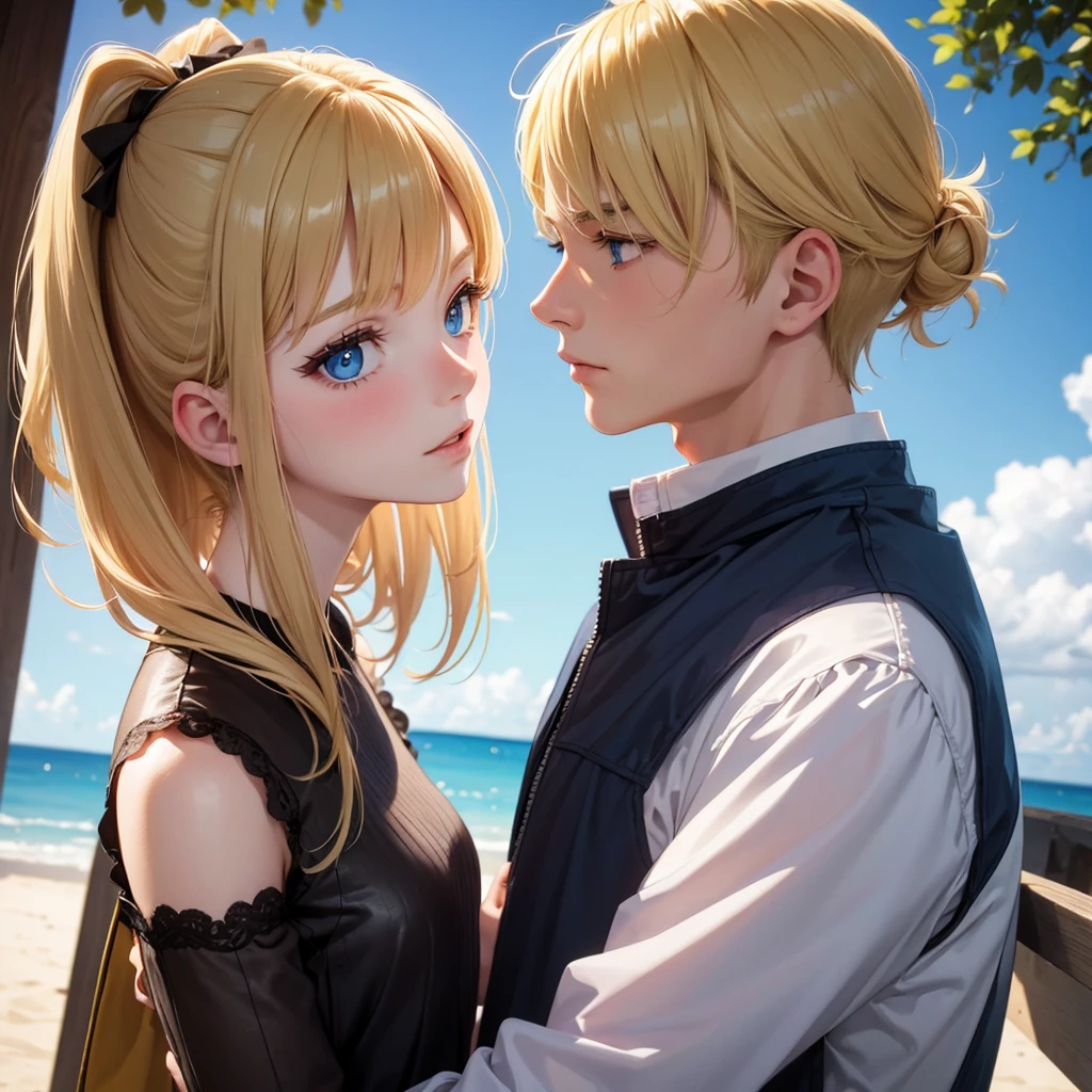 Boy and girl. Blonde girl with green eyes, and the guy is brunette, blue eyes, kiss