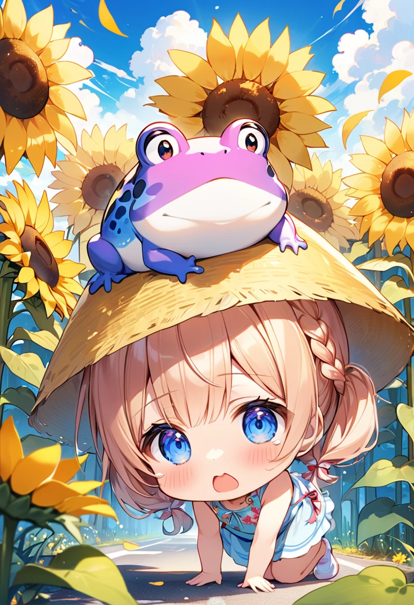 Highest quality、High resolution、Detailed Background、Beautiful face in every detail、Anatomically correct、Detailed facial expressions、fine grain、((full body, from below:1.8, side shot)), break　((One Girl:1.2)、(Chibi Girl:1.2))、Cute hair color、Big beautiful blue eyes、Fuller lips、Pink Lips、Braided twin tails、Ahoge、(Falling in a sunflower field:1.2)、(Cute sleeveless summer clothes、Long skirt、Cute sneakers)、break　((Lying face down on the road:1.2))、holding a frog in hand)、(Very surprised expression、Open your mouth wide、Big tears in my eyes:1.2)、Sweat、break　(The background is the summer sky、Summer Clouds、Flower storm、((Big Frog:1.2)))