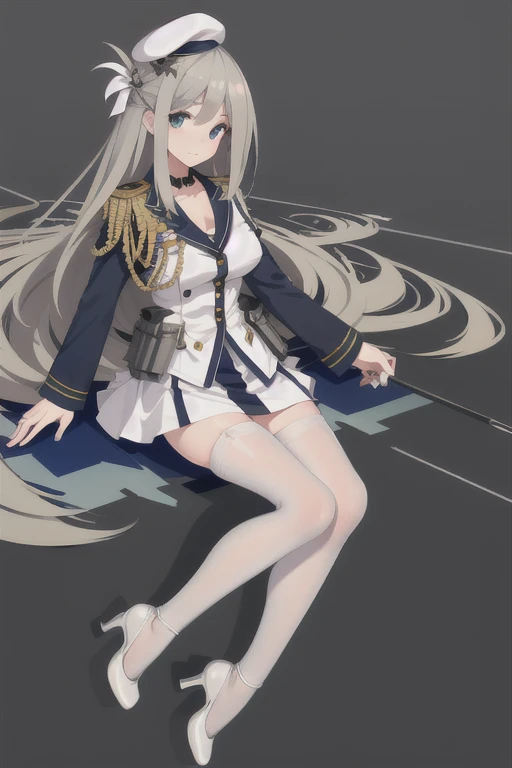 lexington \(warship girls r\), ((Best quality))),((Ultra-detailed)),((illustration)),((Disheveled hair)),((frilld)),(1 girl),(Solo),
1girl, hat, high heels, long hair, pantyhose, solo, black legwear, clavicle, thighhighs, white beret, military, white military uniform, white naval uniform, legwear, gray hair，