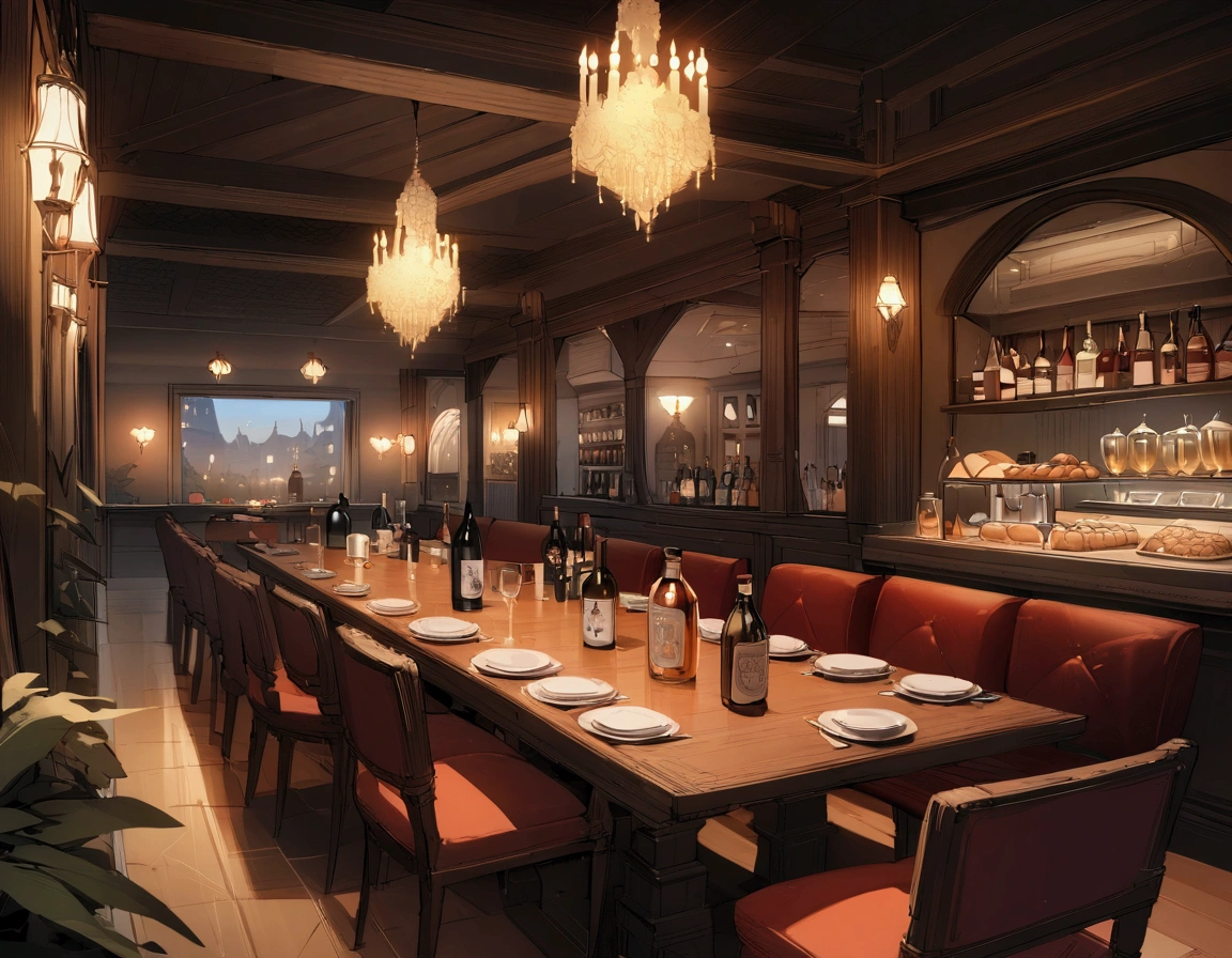 ((((masterpiece, Highest quality, High resolution)))),High detail, manga,anime,Illustration Style,Dark and calm colors,Ghibli Studio,Luxurious evening atmosphere, Game fantasy world view,Bakery in the RPG world, Extremely detailed 8K, High detail, pub,Table at the liquor store,There are no people around,background,トlampのカードが置かれたテーブル,lamp,Wine and beer,A stylish world,The enchanting world of night,lampは少なく辺りは暗い,In the center of the screen is a large table,A luxurious, high-ceilinged, spacious dining room-like space,chandelier
