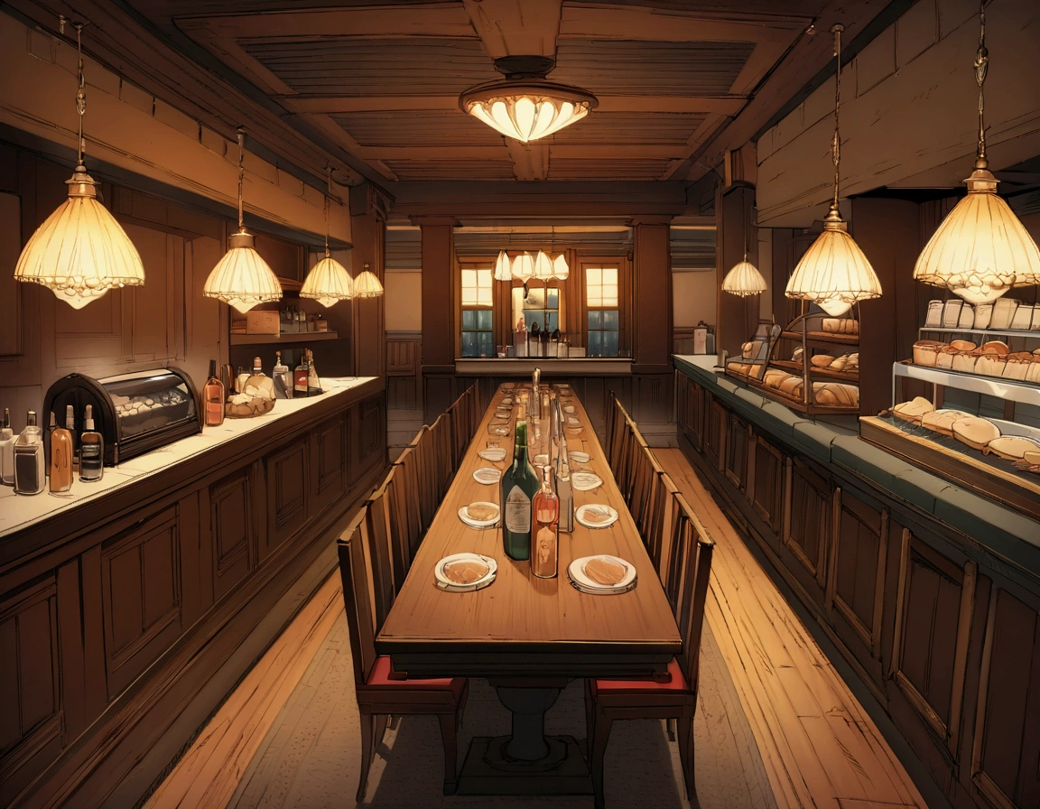 ((((masterpiece, Highest quality, High resolution)))),High detail, manga,anime,Illustration Style,Dark and calm colors,Ghibli Studio,Luxurious evening atmosphere, Game fantasy world view,Bakery in the RPG world, Extremely detailed 8K, High detail, pub,Table at the liquor store,There are no people around,background,トlampのカードが置かれたテーブル,lamp,Wine and beer,A stylish world,The enchanting world of night,lampは少なく辺りは暗い,In the center of the screen is a large table,A luxurious, high-ceilinged, spacious dining room-like space,chandelier