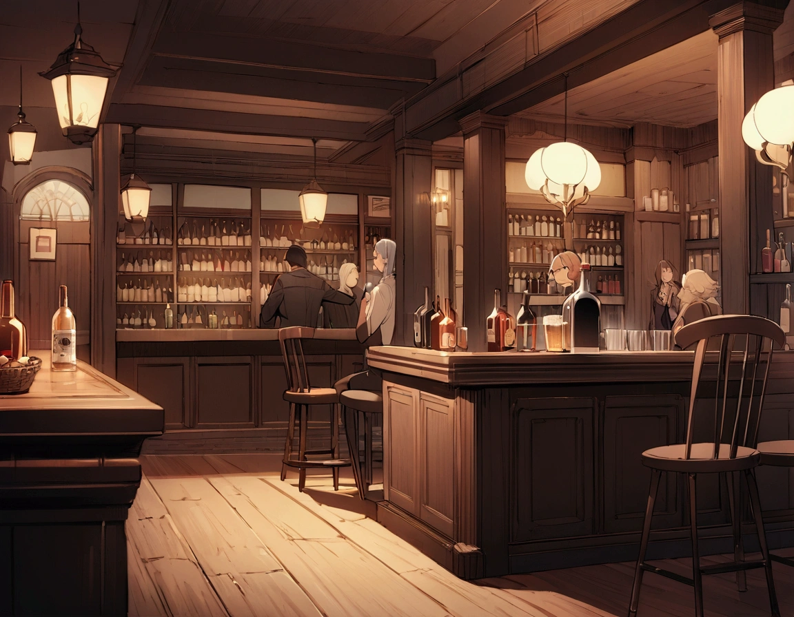 ((((masterpiece, Highest quality, High resolution)))),High detail, manga,anime,Illustration Style,Dark and calm colors,Ghibli Studio,Luxurious evening atmosphere, Game fantasy world view,Bakery in the RPG world, Extremely detailed 8K, High detail, pub,Table at the liquor store,There are no people around,background,トlampのカードが置かれたテーブル,lamp,Wine and beer,A stylish world,The enchanting world of night,lampは少なく辺りは暗い,In the center of the screen is a large table,A luxurious, high-ceilinged, spacious dining room-like space,chandelier