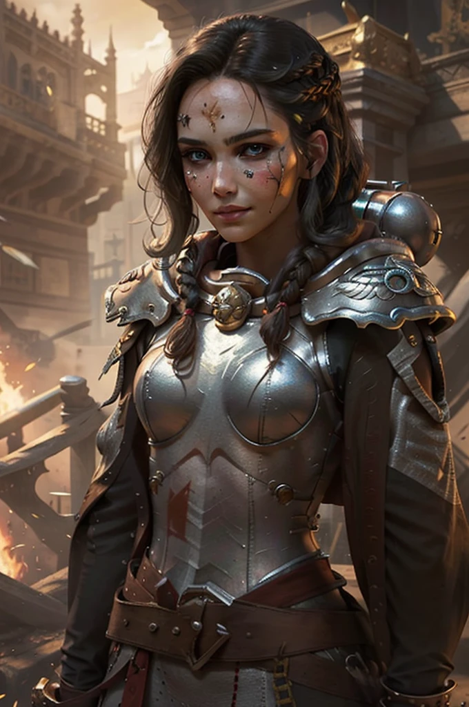 Photo of adepta sororitas, argent shroud, full armor, full metal armor, Christina Chong beautiful face, narrowed eyes. smirk. black braided hair with narrowed eyes, wearing intricate ornamented metal armor, stern face,, solo, (female:1.2), epic, platinum white armor, white pelvic curtain, bronze trimmings, , facial scar, iron halo, ((upper body:1.3)) focus, close-up, banner background,
