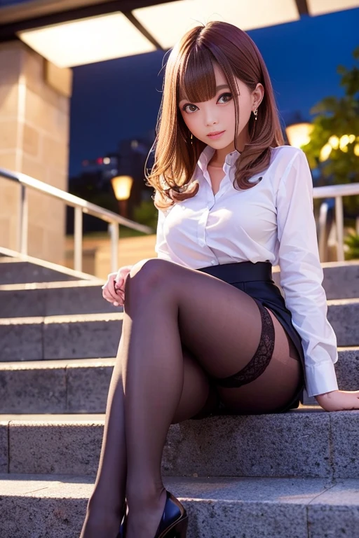 Tight mini skirt with slit、Formal Shirt、1 girl、Bob Hair、Medium breast、Toned Legs、Sexy black pantyhose:1.2、garter belt、High-end stiletto heels、In front of the station at night、Stairs at night、Sitting、She puts her legs together to show off the toes of her stiletto heelasterpiece:1.3、Raw photo、Highest quality、Highest quality、Detailed image quality、Detailed Background