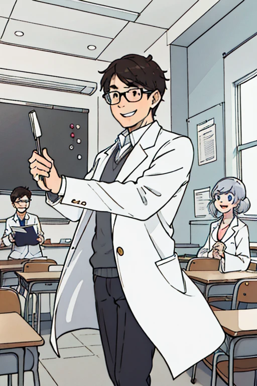 male teacher in white coat in the classroom with his students teaching about chemistry with a happy face
