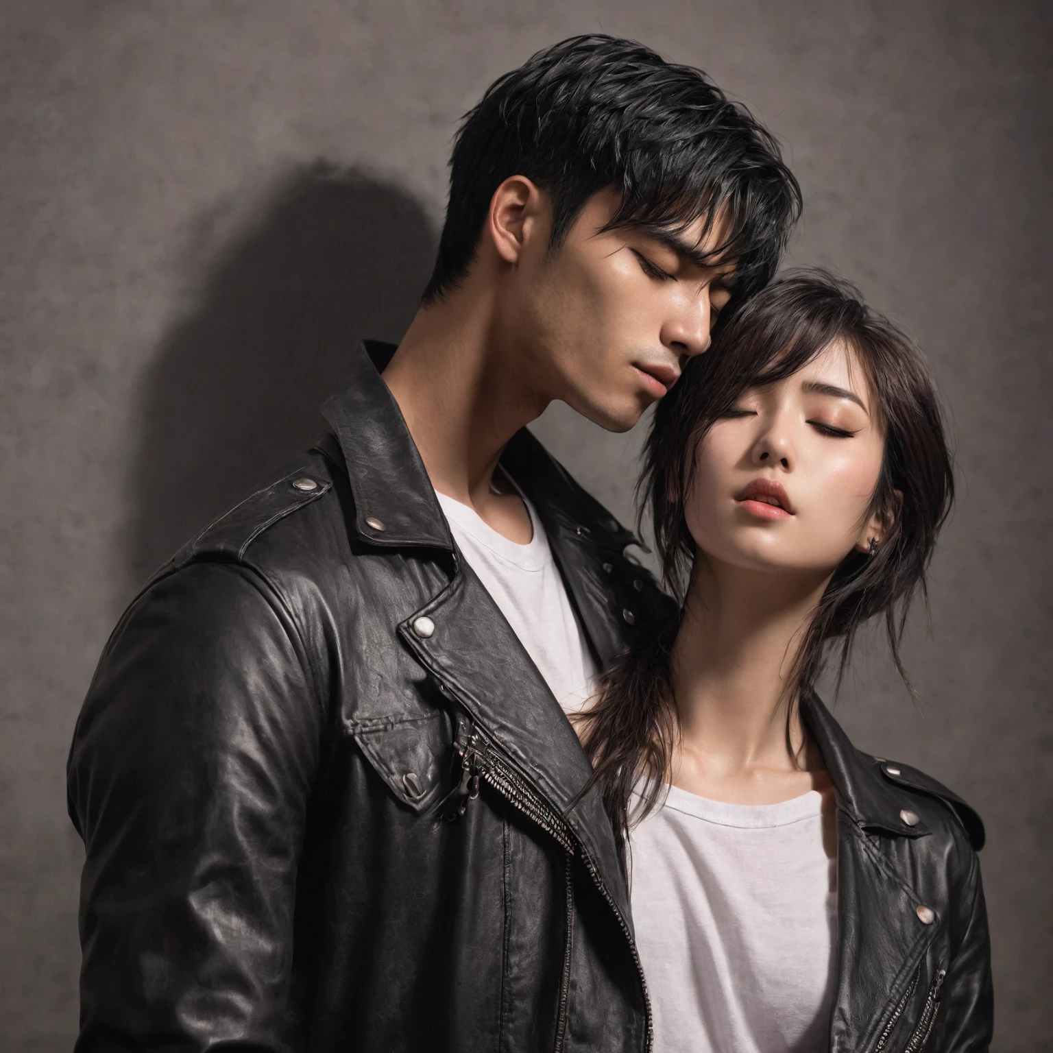 A tall Japanese anime man with short black wolf haircut, closed eyes, small black ear gauges, elegant facial features, sharp jawline, muscular build, wearing black leather jacket, jeans, and combat boots, kissing an anime girl with long brown hair,  tan skin, eyes closed, blushed cheeks, delicate facial features,  frame, wearing a long white shirt with a jeans shorts, moody dramatic lighting, cinematic composition, photorealistic, hyper detailed, side profile.