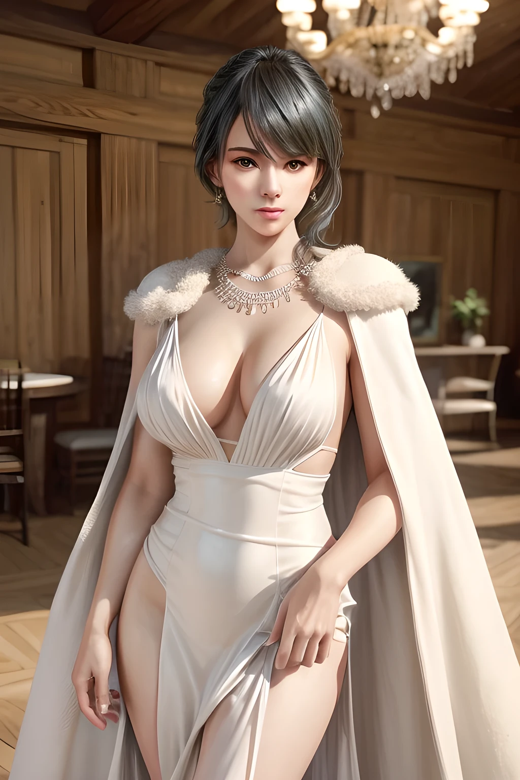 A lady with extraordinary temperament, she stands in a modern indoor space, as if she is a model from a fashion magazine. She is wearing a (pure white long fur cape), the softness and luster of which makes her look more noble under the light, and complements her (beige dress) underneath, showing her gentle temperament while maintaining a sense of fashion. The style of the dress is simple and generous, a perfect match, and it lengthens her figure, making her tall and charming. The lady's makeup is delicate and elegant, which just highlights her facial features and makes people unforgettable at first sight. Although the earrings and necklace she wears are not ostentatious, they add a bit of sophistication and nobility to her overall look. Her hair is casually draped over her shoulders, and every strand of hair exudes a natural luster,, (best quality,8k,highres,masterpiece:1.2),ultra-detailed,(realistic,photorealistic,photo-realistic:1.37),studio lighting,ultra-fine painting,sharp focus,physically-based rendering,extreme detail description,professional,vivid colors