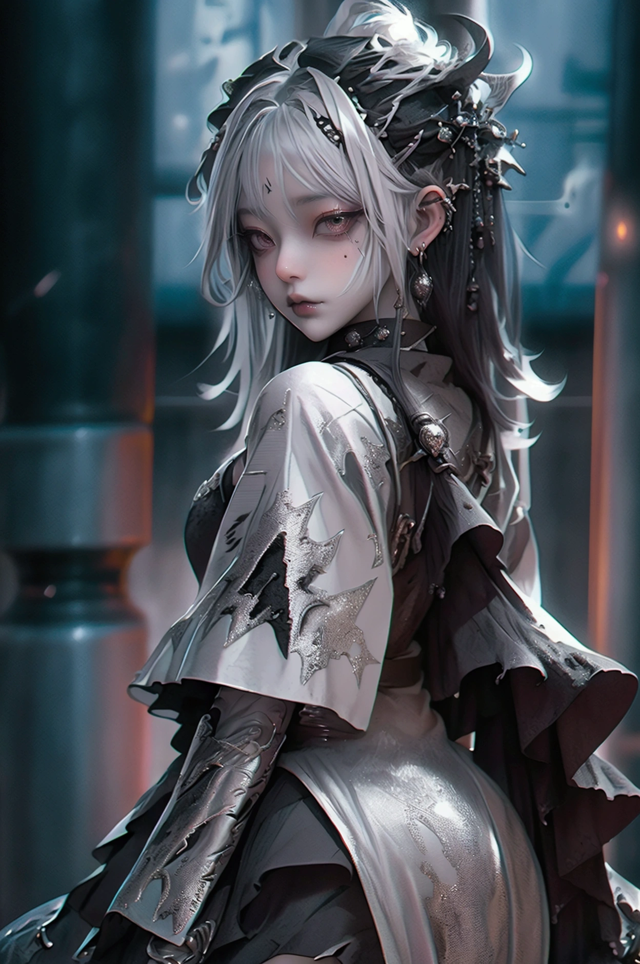 ((Image color: Silver and black,)) (tearful),rooftop,Are standing,The inner color is silver,whole body,Gothic Punk,Black Dress,mini skirt,boots,Black-haired人物,Black-haired deity, Black long hair, 長いBlack-haired, artwork in the style of Gwaiz, Black-haired, Gwaiz, Beautiful character drawings, Jean J., Silver-haired, Gwaiz on pixiv artstation, lighting from behind,