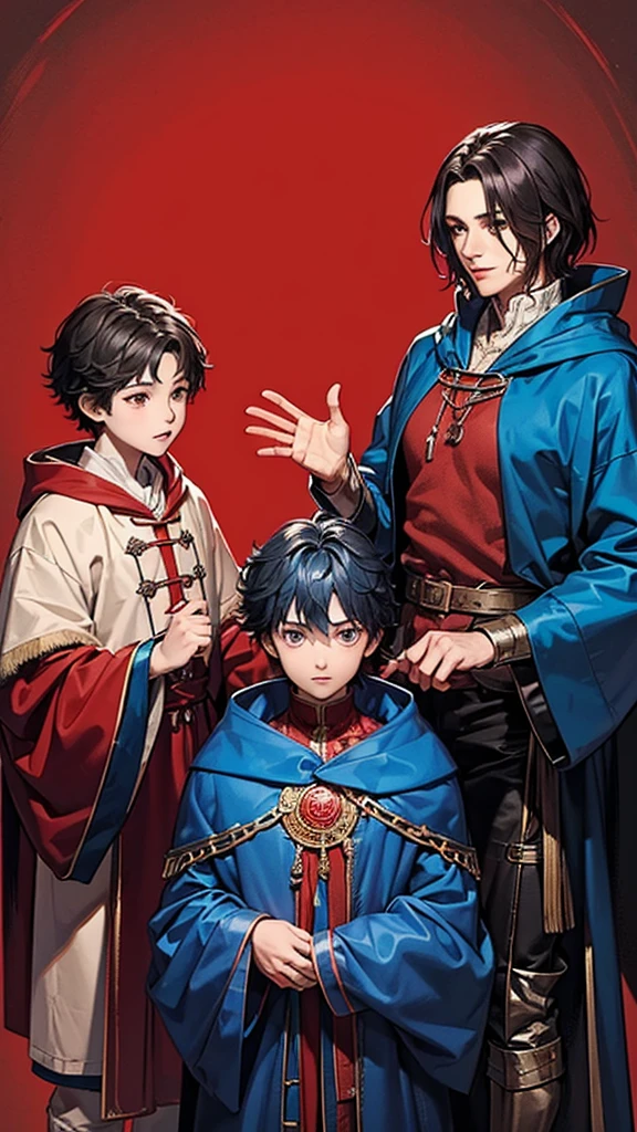 Three 20 years old people: A wizard boy stucks between two boys those two boy are: (half _werewolf boy in a blue cloak and a vampire boy in a red cloak)both of them have bigger bodies than the boy wizard.