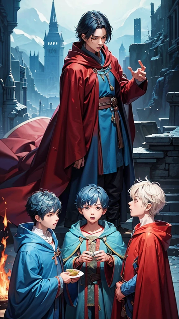 Three 20 years old people: A wizard boy stucks between two boys those two boy are: (half _werewolf boy in a blue cloak and a vampire boy in a red cloak)both of them have bigger bodies than the boy wizard.