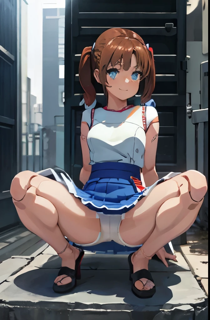 android, beautiful robot, short pigtails, brown hair, Hair tie with two big red clothespins, big smile, brown hair, middle age, joint seam, blue eyes, full body figure, Height: 160cm, Light beige micro mini one-piece dress, fluttering skirt, skirt folds, white retro swimwear, Uplifting, 2020s anime style, 21thcentury japan animation, show White pantie, strong wind is blowing.