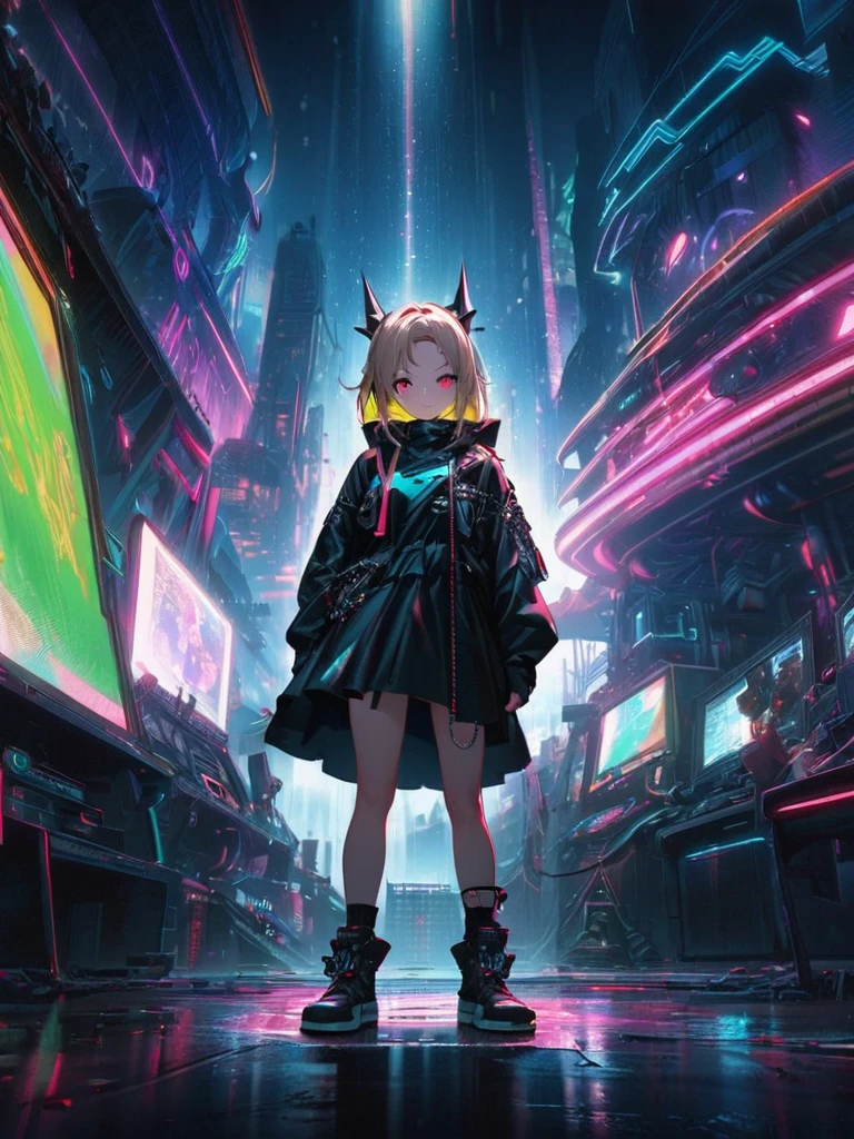 1 girl, chromatic aberration, Written boundary depth, Soft Light, masterpiece, Highest quality, complicated, Tone Mapping, Very detailed, Art Station, Concept Art, Smooth, Clear focus, Dramatic lighting, Very detailed artwork, movie, super practical painting, Art Station's trending, 8k, Incredible Shadows, practical, (Very detailed background:1.0), whole body, View, Viewers, Very detailed portrait of one girl 1, standing on street corner, Heavy rain and lightning、Dark Sky, neon and cyber punk background, she is dressed in punk clothing with silver chains and silver spikes, Her hair was dyed light brown...,The middle part is black, She is wearing headphones, Detailed red eyes with clear pupils, Ominous aura of light, smile, punk, ciber punk, Backlight.Stylish clothing、No knowledge of horses'tail、