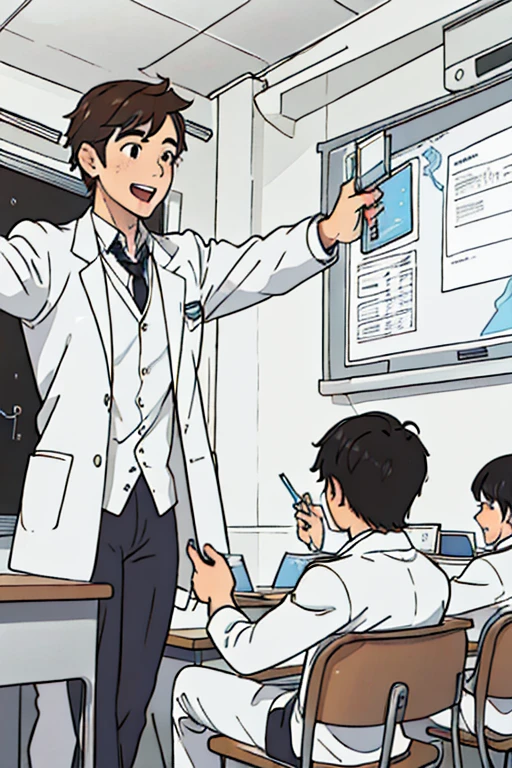male teacher in white coat in the classroom with his students teaching about chemistry with excited face