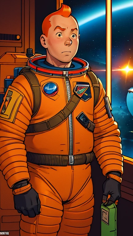 (s:1man: Tintin), (extremely detailed CG unit 8k wallpaper),(master part), (best quality), (ultra detali), (best illustration),(jdgdrddcom), cowboy shot, (Sharp eyeliner, ombre, detailed eyes:1),Dark space station interiors background, ,break , (astronaut in an orange space suit), upper body, short hair, orange hair