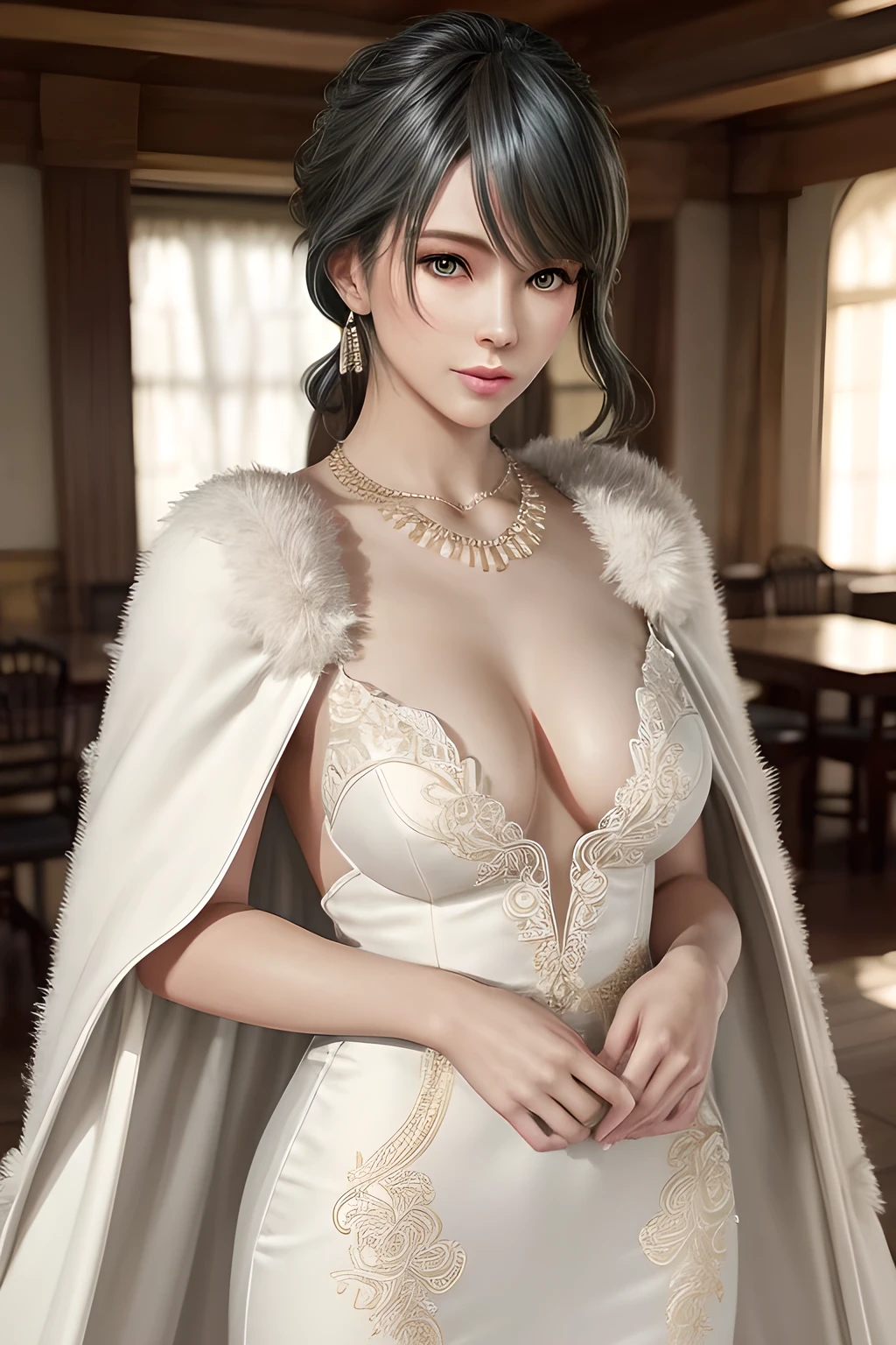 A lady with extraordinary temperament, she stands in a modern indoor space, as if she is a model from a fashion magazine. She is wearing a (pure white long fur cape), the softness and luster of which makes her look more noble under the light, and complements her (beige dress) underneath, showing her gentle temperament while maintaining a sense of fashion. The style of the dress is simple and generous, a perfect match, and it lengthens her figure, making her tall and charming. The lady's makeup is delicate and elegant, which just highlights her facial features and makes people unforgettable at first sight. Although the earrings and necklace she wears are not ostentatious, they add a bit of sophistication and nobility to her overall look. Her hair is casually draped over her shoulders, and every strand of hair exudes a natural luster,, (best quality,8k,highres,masterpiece:1.2),ultra-detailed,(realistic,photorealistic,photo-realistic:1.37),studio lighting,ultra-fine painting,sharp focus,physically-based rendering,extreme detail description,professional,vivid colors