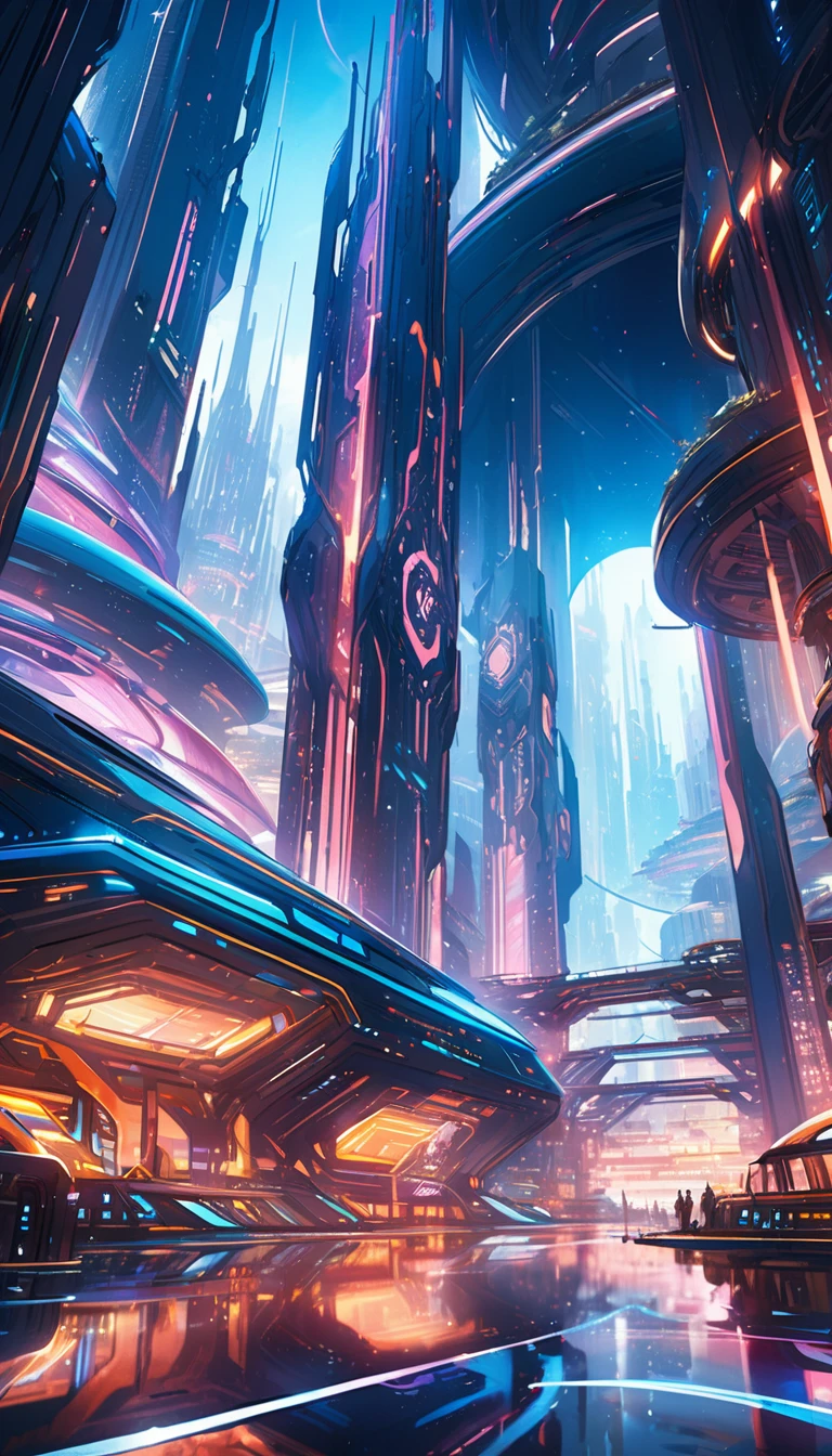 digital painting, a stunning cosmic architecture, low angle shot, dramatic sci-fi landscape, glowing futuristic city skyline, intricate mechanical structures, otherworldly technology, gleaming metallic surfaces, dramatic lighting, cinematic composition, hyper-detailed, 8k, photorealistic, masterpiece