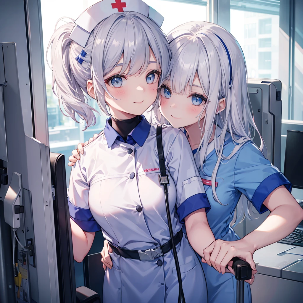  A nurse aide without a nurse cap, nothing on her head ,one girl,blue or white scrubs,Facing forward,silver hair ,smiling, and attending to a patient.