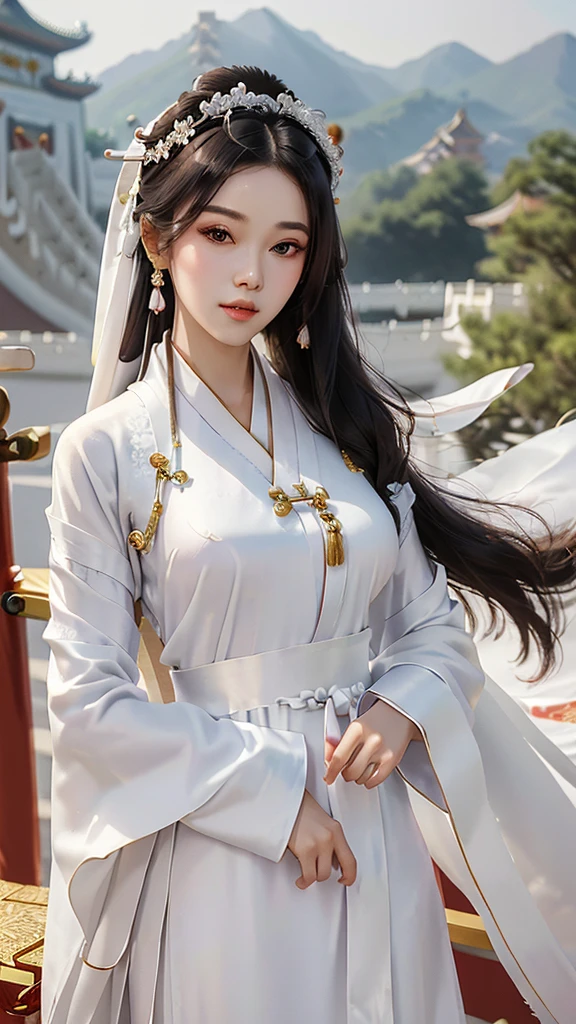 18 year old model, (big breasts:1.2), (shirt collar:1.2), marry , perfect iris, perfect lips, perfect teeth, Perfect beautiful skin, Long face, Slender nose, The headlights are weak., HDR, girl, white clothes, His hair is grayish white, very long and straight., (Traditional Chinese long robes, long hair and long shawls: 1.5), Long hair like a waterfall, outside background.,(Chinese Palace Background:1.5) ,(pastel colors:1.2),((big flower hair accessory)), (A loaf of black bread on the head.: 1.3),(large flower crown: 1.3)