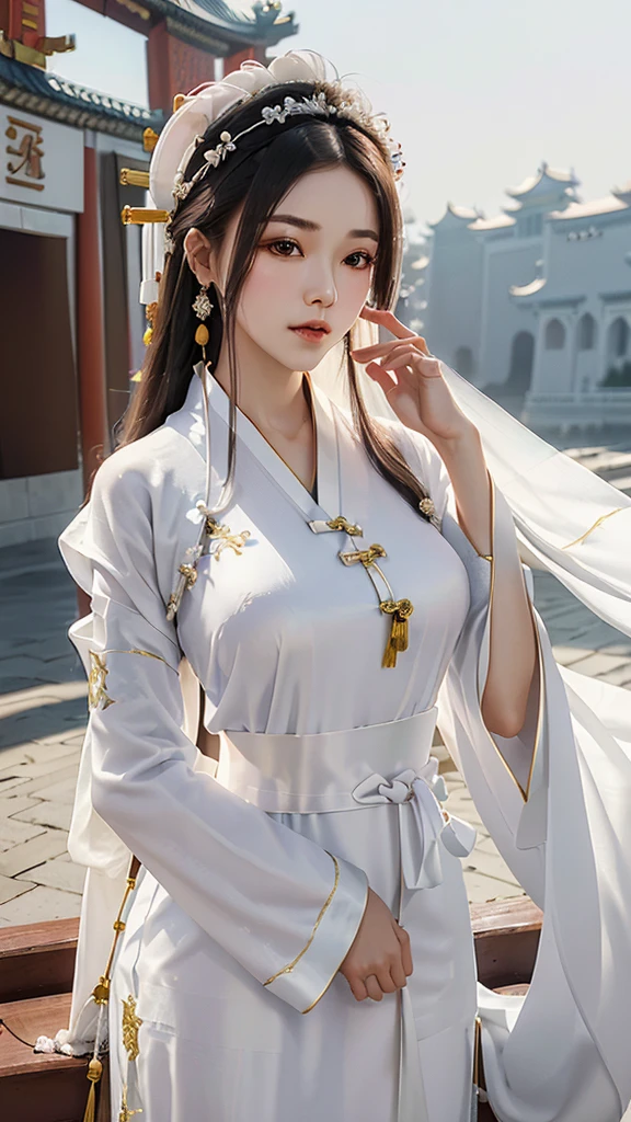 18 year old model, (big breasts:1.2), (shirt collar:1.2), marry , perfect iris, perfect lips, perfect teeth, Perfect beautiful skin, Long face, Slender nose, The headlights are weak., HDR, girl, white clothes, His hair is grayish white, very long and straight.， (Traditional Chinese long robes, long hair and long shawls: 1.5), Long hair like a waterfall, outside background.,(Chinese Palace Background:1.5) ,(pastel colors：1.2),((big flower hair accessory)), (A loaf of black bread on the head.: 1.3)，(large flower crown: 1.3)