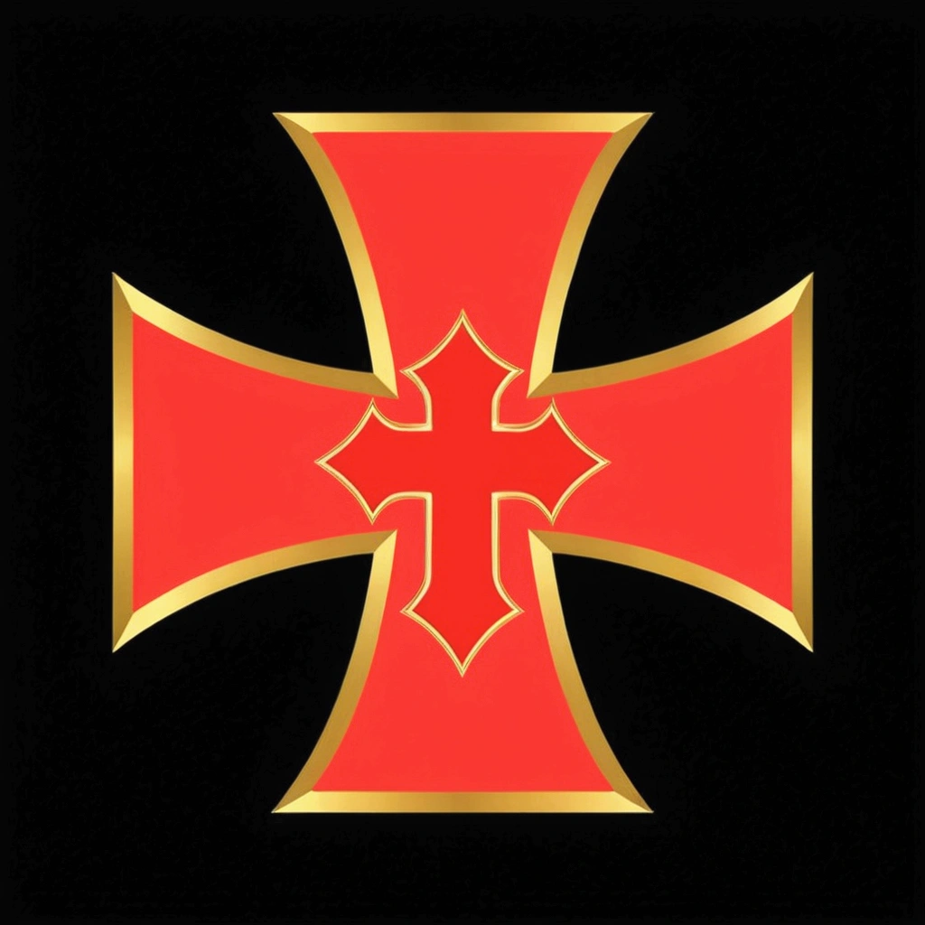 a red cross with gold details and a gold border, holy crusader medieval, orthodox symbolism diesel punk, holy crusader medieval knight, leviathan cross, Templar, medieval holy crusader knight, imperial symbol, holy crusader medieval, holy crusader, viking and Templar aesthetics, symbol for the word ersatz, ancient symbol behind it, In this sign you will conquer