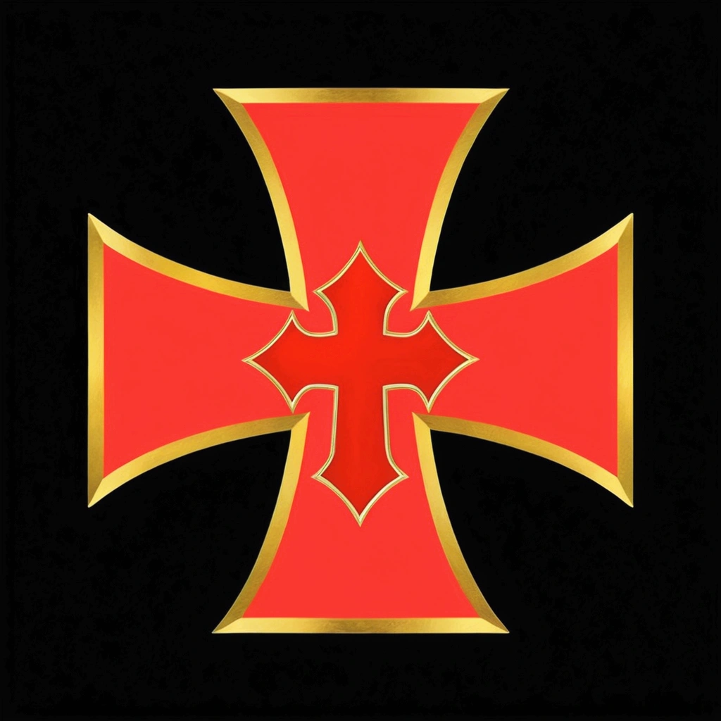 a red cross with gold details and a gold border, holy crusader medieval, orthodox symbolism diesel punk, holy crusader medieval knight, leviathan cross, Templar, medieval holy crusader knight, imperial symbol, holy crusader medieval, holy crusader, viking and Templar aesthetics, symbol for the word ersatz, ancient symbol behind it, In this sign you will conquer