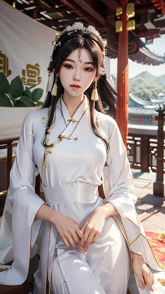 18 year old model, (big breasts:1.2), (shirt collar:1.2), marry , perfect iris, perfect lips, perfect teeth, Perfect beautiful skin, Long face, Slender nose, The headlights are weak., HDR, girl, white clothes, His hair is grayish white, very long and straight.， (Traditional Chinese long robes, long hair and long shawls: 1.5), Long hair like a waterfall, outside background.,(Chinese Palace Background:1.5) ,(pastel colors：1.2),((big flower hair accessory)), (A loaf of black bread on the head.: 1.3)，(large flower crown: 1.3)