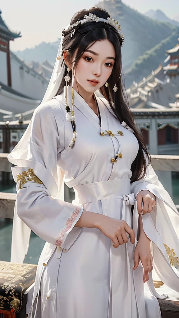 18 year old model, (big breasts:1.2), (shirt collar:1.2), marry , perfect iris, perfect lips, perfect teeth, Perfect beautiful skin, Long face, Slender nose, The headlights are weak., HDR, girl, white clothes, His hair is grayish white, very long and straight., (Traditional Chinese long robes, long hair and long shawls: 1.5), Long hair like a waterfall, outside background.,(Chinese Palace Background:1.5) ,(pastel colors:1.2),((big flower hair accessory)), (A loaf of black bread on the head.: 1.3),(large flower crown: 1.3)