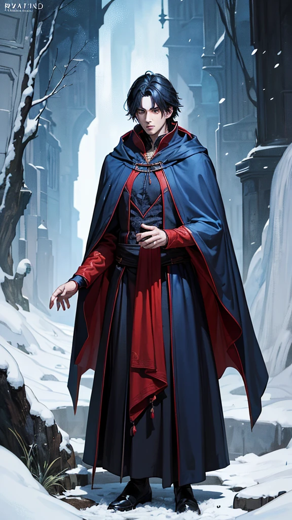 A wizard boy in a black cloak stucks between two boys (half _werewolf boy in a blue cloak and a vampire boy in a red cloak)both of them have bigger bodies than the boy wizard.