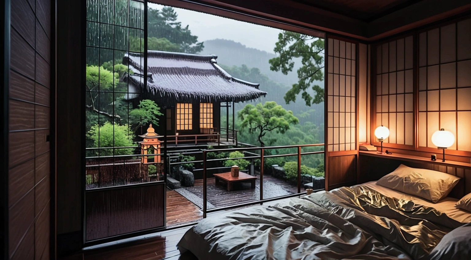 a bed sitting in a bedroom next to a window, a detailed matte painting, unsplash contest winner, ukiyo-e, rainy outside, stream flowing through the house, countryside in japan