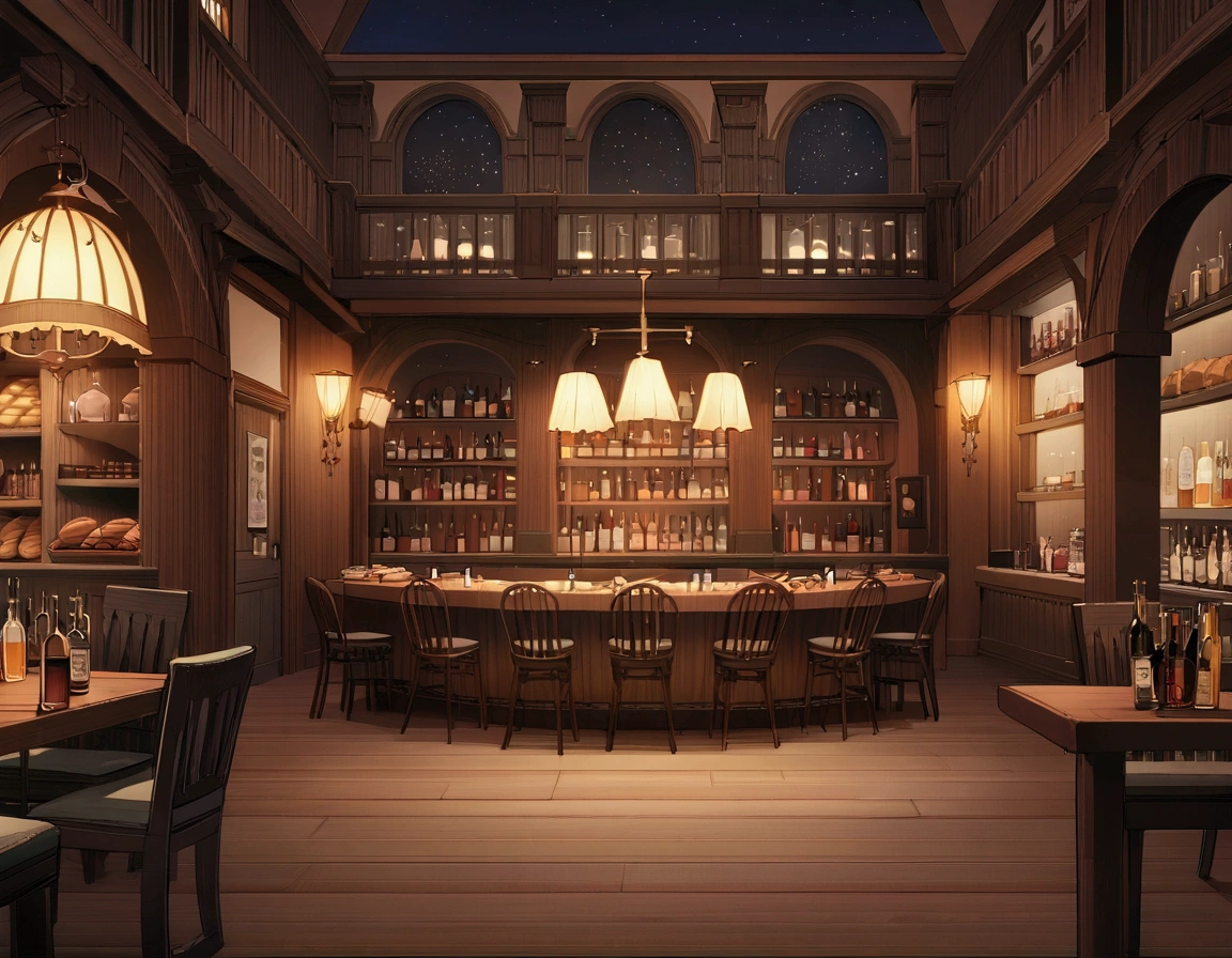 ((((masterpiece, Highest quality, High resolution)))),High detail, manga，anime，Illustration Style，Dark and calm colors，Ghibli Studio，Luxurious evening atmosphere, Game fantasy world view,Bakery in the RPG world, Extremely detailed 8K, High detail, pub,Table at the liquor store,There are no people around,background,トlampのカードが置かれたテーブル,lamp,Wine and beer,A stylish world,The enchanting world of night,lampは少なく辺りは暗い,In the center of the screen is a large table,A luxurious, high-ceilinged, spacious dining room-like space,chandelier,A very dark room at night,There is only a little light,,