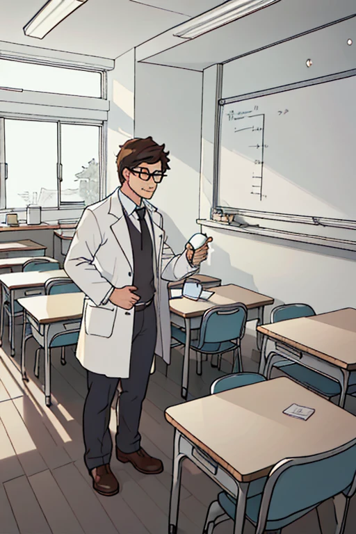 an image of the room seen from sima with the male teacher in a white coat in the classroom with his students teaching about chemistry