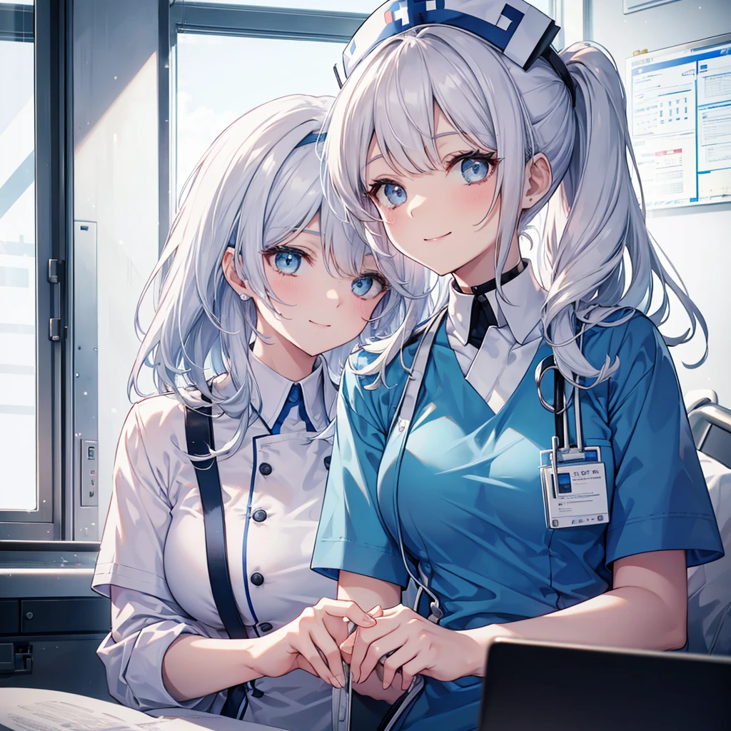 A nurse aide without a nurse cap, nothing on her head ,one girl,blue or white scrubs,Facing forward,silver hair ,smiling, and attending to a patient.