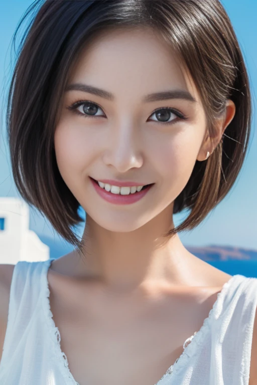 (1 girl, (Dress up with trendy fashion:1.2), (RAW photo, highest quality), (realistic, Photoreal:1.4), masterpiece, very delicate and beautiful, very detailed, 2k wallpaper, wonderful, finely, very detailed CG Unity 8K Walking details, Super detailed, High resolution, soft light, beautiful detailed girl, very detailed eyes and face, beautifully detailed nose, slim waist & huge breasts,
BREAK
beautiful and detailed eyes, short hair, small, White House on Santorini, blue sky & aegean sea,
Cnematic lighting, perfect anatomy, slender.  body, kind smile , SFW, safe for work*!😉😆🥲