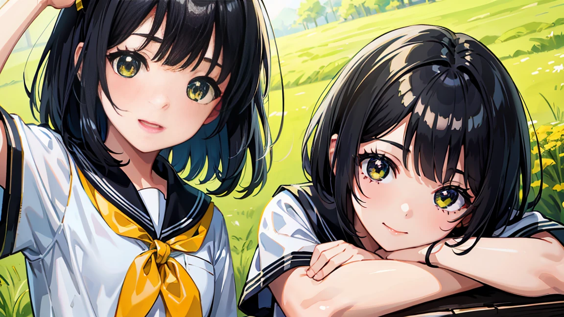 Highest quality、8K masterpiece、Draw a detailed face、One childish girl、Sailor suit、、Cute pose、Professional Lighting、Happy expression、((Black Hair、Shiny hair、Shortcuts))Perfect Anatomy、In green meadows,