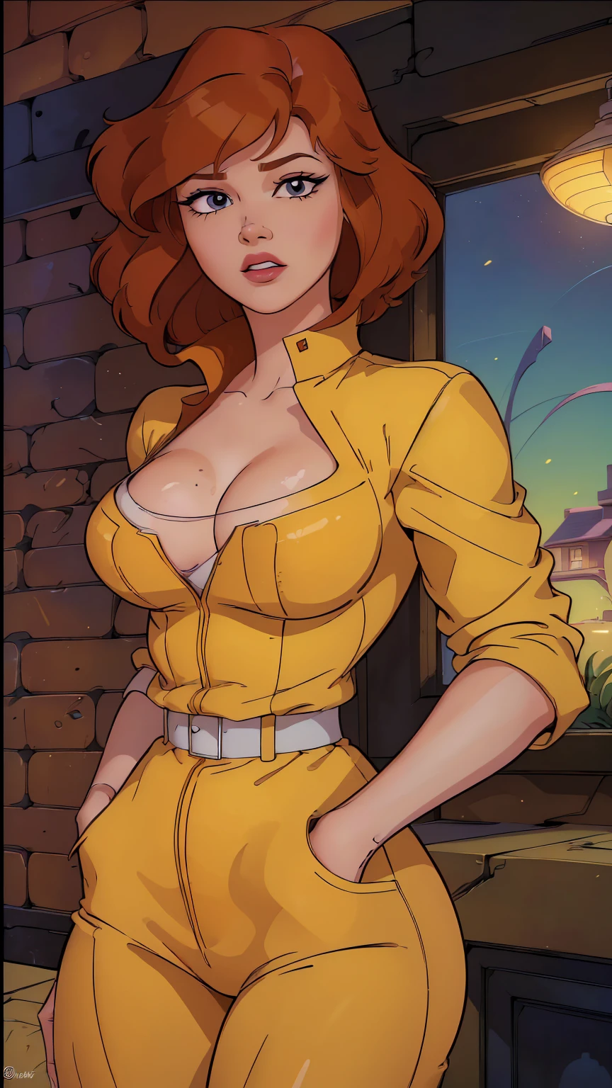 April O'Neill Waifu,, all wet, big ass, stunning photo from the 1980s \(style\), 1 woman, Brown hair, Red hair,short hair,orange hair,Happy smile, style ретро-арт, short hair, only,Yellow knitted suit, white belt,Yellow knitted suit (naked_old: 1.2),Beautiful eyes,detailed eyes, Realistic face, Beautiful woman woman, Realistic background,City street, Street Night Lights, Amazing Lights, Stunning background, ((nsfw, nude, naked, spreading legs, sitting , bedroom, hairy pubic hair, view from front)),